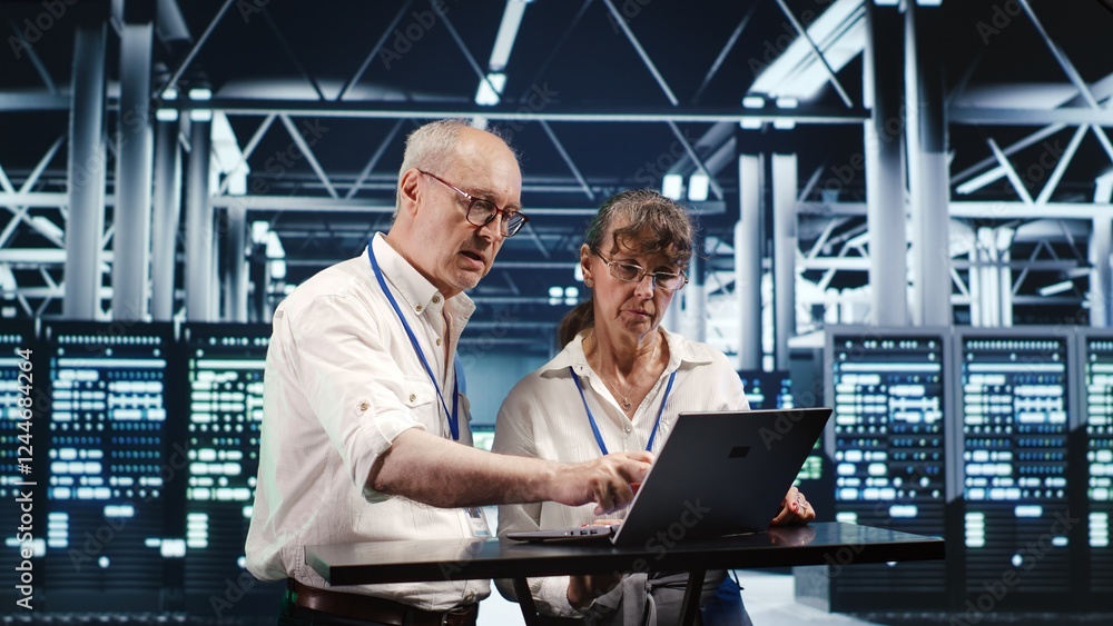 Poster senescent colleagues looking around high tech data center, using laptop to crosscheck disaster recov