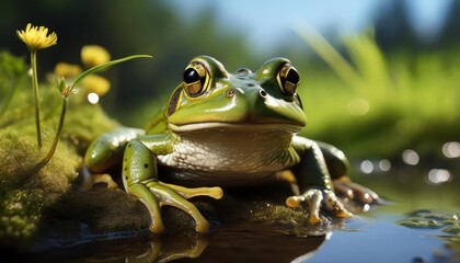 Vibrant Green Marsh Frog Hiding Amongst Water Lillies, Early Morning Mist Shrouding a Peaceful Wetland Sanctuary.