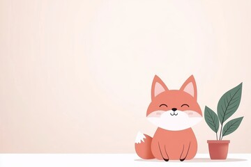 Cute cartoon fox is sitting in front of a potted plant