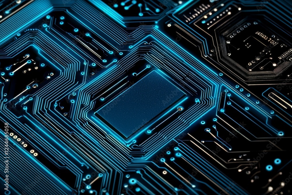 Poster close up of a computer chip with a blue background