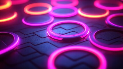 Neon rings glow on dark tech surface