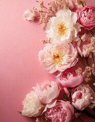 Cute spring bouquet frame, pastel pink background material, wedding board, title, copy space