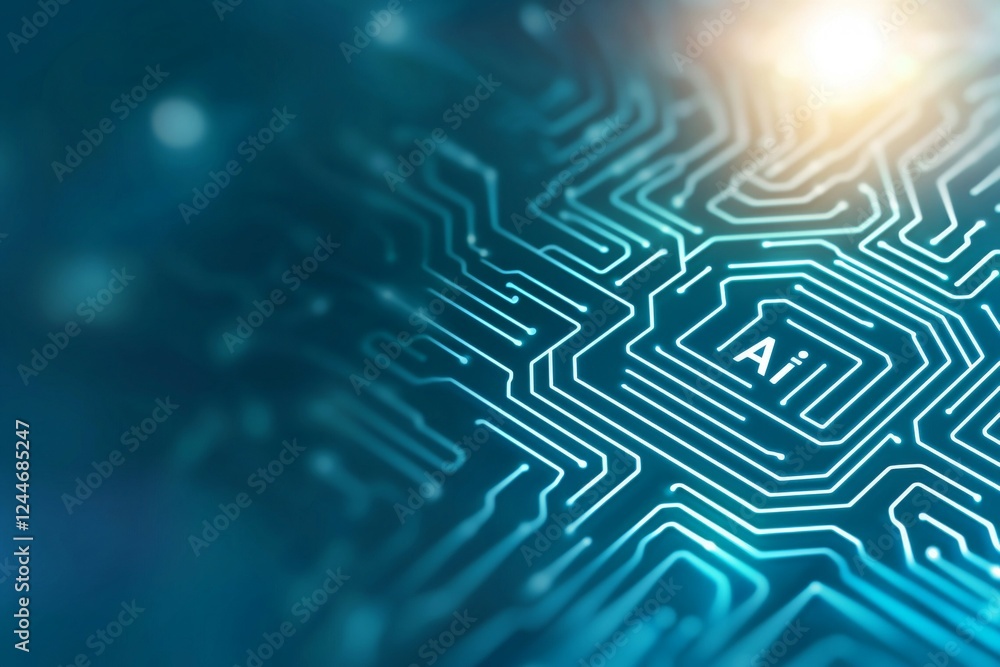 Poster blue and white image of a circuit board with the word ai written on it
