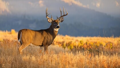 Striking Portrait of a Mature Whitetailed Deer in Autumnal Glory, Set Against a Backdrop of Crisp Fall Colors and Golden Sunlight Streaming Through the Woods.