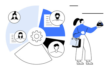 Businesswoman presenting pie chart featuring team avatars, documents, and gear icon for workflow. Ideal for business strategy, teamwork, data analysis, project management, efficiency, collaboration