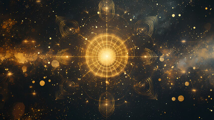 A celestial backdrop featuring an array of luminous golden sacred geometry forms, representing balance, harmony, connection, spirituality, and the cosmos. Esoteric Geometry. Illustration