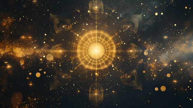 A celestial backdrop featuring an array of luminous golden sacred geometry forms, representing balance, harmony, connection, spirituality, and the cosmos. Esoteric Geometry. Illustration