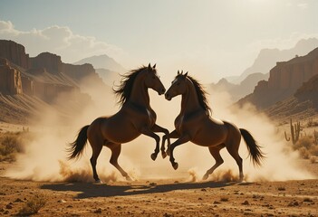 Two Wild Horses Playfully Interact In A Dusty Desert