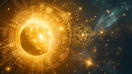 Obraz premium A poster highlighting esoteric astrology with golden sun and moon celestial symbols. Esoteric Geometry. Illustration