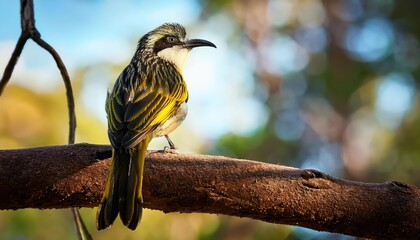 Vivid Strongbilled Honeyeater Perched on Forest Branch in the Australian Wilderness at Dusk, Showcasing Rich Greens and Vibrant Reds Amidst a Canopy of Lush Foliage