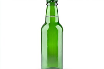 Green bottle of beer is sitting on a white background