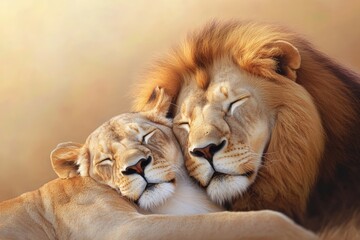 Lion and a lioness are sleeping together