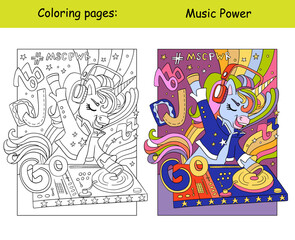 Cute rock music DJ unicorn kids coloring with color template