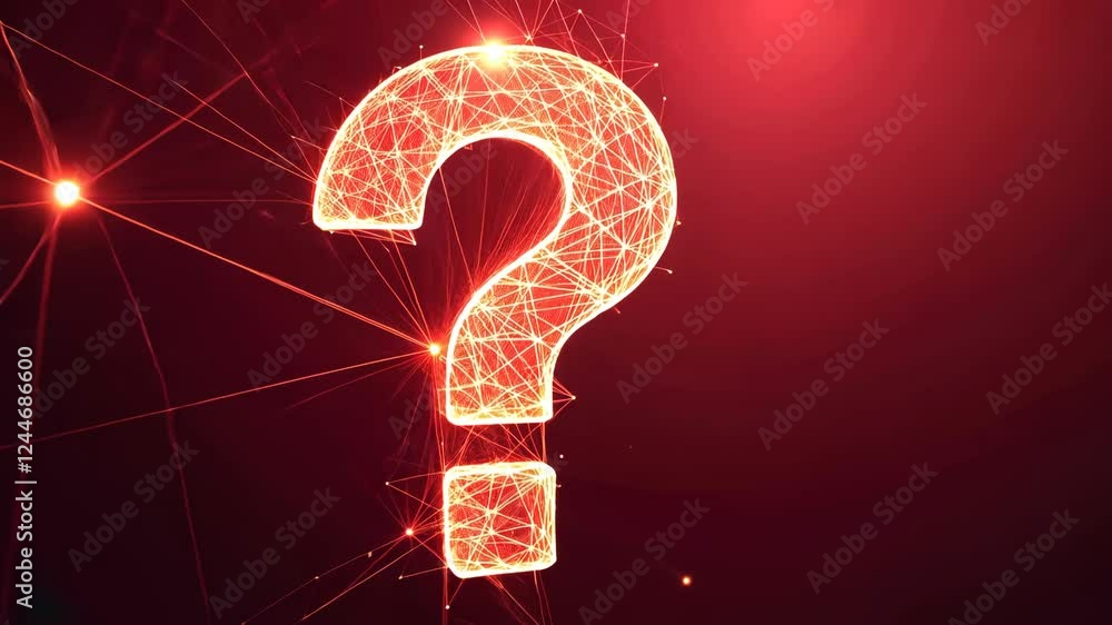 Poster glowing digital question marks emerge in dynamic red abstract background