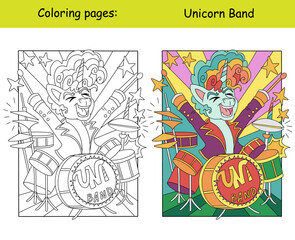 Cool unicorn playing the drums coloring with color template