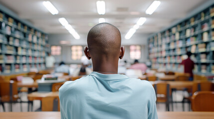 Fototapeta premium A man with a shaved head sits in a library