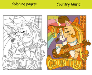 Cute country music unicorn kids coloring with color template