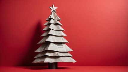 Christmas tree made of newspaper on soft red background