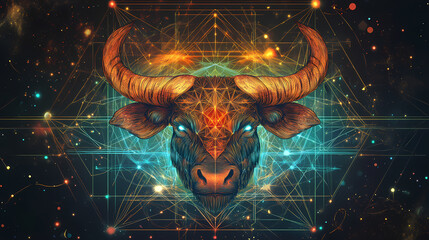Geometric horned animal head with sacred geometry background. Esoteric Geometry. Illustration