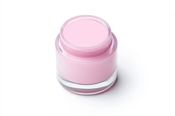 Small jar of pink cream sits on a white background