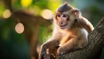 Enigmatic Monkey Perched on Majestic Tree Amidst Tropical Sunset, Embracing a Mood of Peace and Tranquility in a Vivid Tropical Landscape.