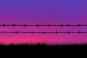 Wire fence with barbed wire on it is shown against a purple sky