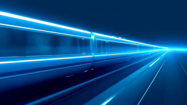 Futuristic high-speed train in motion with glowing blue light trails. Modern transportation concept. Dynamic railway technology visualization in dark environment. Night time view