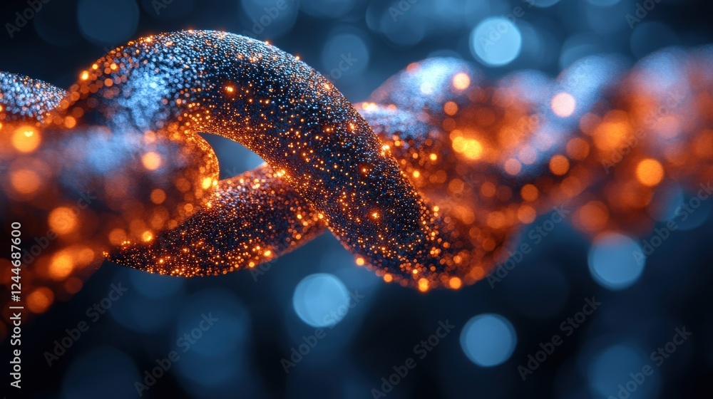 Poster close-up view of a shimmering, intertwined chain with glowing particles against a blurred background