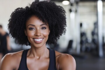 Fototapeta premium Woman with curly hair is smiling and wearing a black tank top