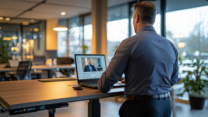 Businessman Sitting At A Desk In A Modern Office, Engaged In A Virtual Meeting On Dual Screens, With A Video Call Displaying A Colleague In A Suit, Surrounded By Office Equipment And Warm Lighting