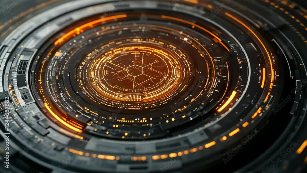 Poster futuristic rotating digital interface with orange circuitry elements