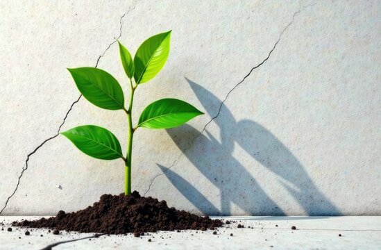 Start, Think Big, Growth Mindset, Recovery and Challenge in Life or Business Concept.Economic Crisis Symbol.New Green Sprout Plant Growth in Cracked Concrete and Shading a Big Tree Shadow on the Wall 