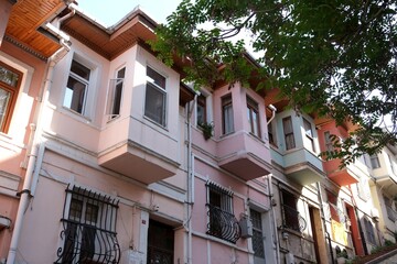 Historical touristic Balat houses. Colorful old Balat houses. Architectural work. Art history. Tourism destination. Balat - Istanbul. Turkey.