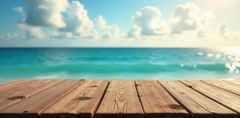 Fototapeta premium Rustic wood tabletop over blurred ocean; summer sky , template, sun, summertime