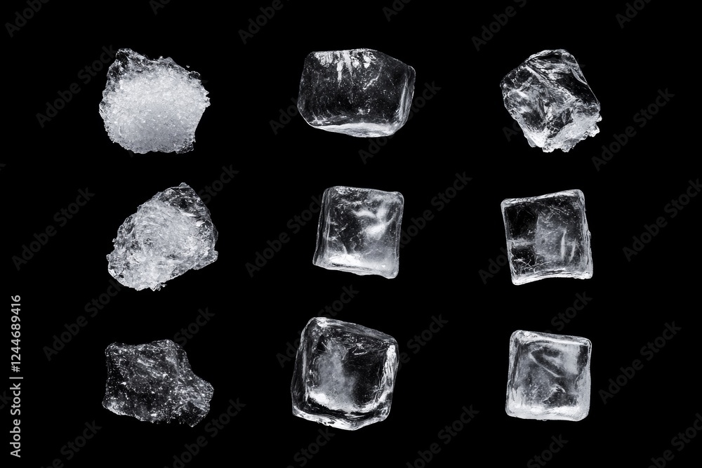 Poster series of ice cubes are shown in various shapes and sizes