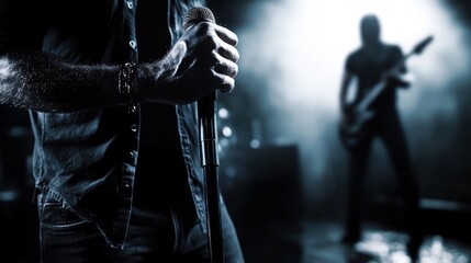 Rock Concert: Singer's Focus, Guitarist's Shadow.