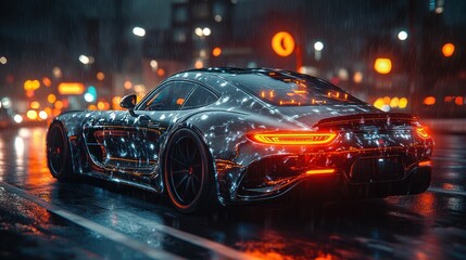 Night rain, city, sports car, driving, lights, wallpaper