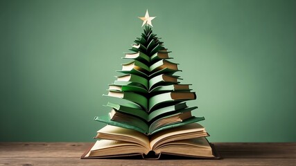 Christmas tree made of books on soft green background