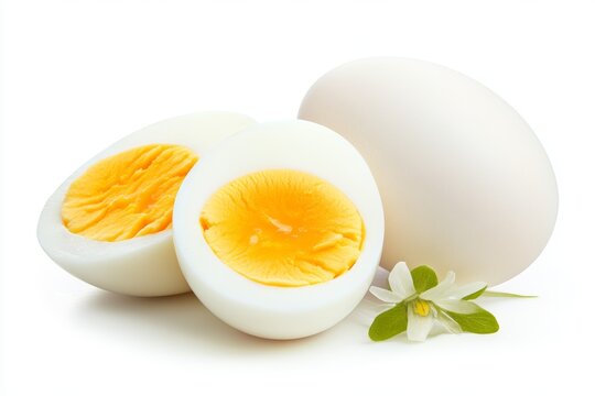 White egg with a yellow yolk is cut in half