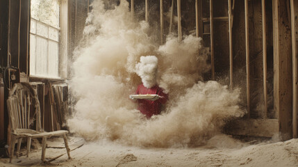 Dust explosion engulfing figure holding plate in dilapidated building.