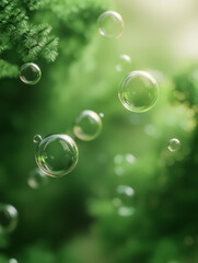 Floating bubbles against a lush green backdrop.