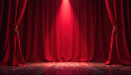 Velvet red curtain, single spotlight illuminates center stage, fabric, light, dark