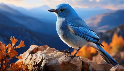 Vibrant Mountain Bluebird Perched on Snowy Pine Branch Amidst Winter Wonderland, Majestic Peaks in the Backdrop