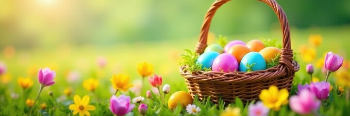 Wicker basket overflowing with colorful Easter eggs nestled in a vibrant flower field , joyful, painted eggs, sun