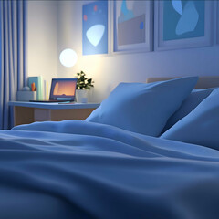 Create a zoomedin 3D cartoonstyle scene of a modernday girls room with a calming blue ambience...