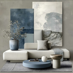 interior design moodboard upscale modern yet organic blue grey neutral upscale