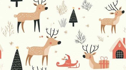 Obraz premium Cute Holiday Pattern Featuring Santa Sleigh, Reindeer, and Trees