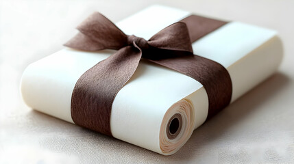 Fototapeta premium Elegant gift wrap, brown ribbon, beige paper roll, neutral background, perfect for celebrations