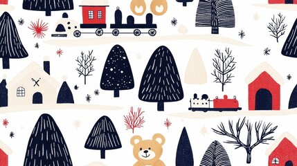 Whimsical Winter Landscape with Trees, Train, and Bear Illustration