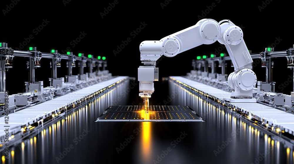 Poster industrial robot arm assembling circuit board in high-tech factory